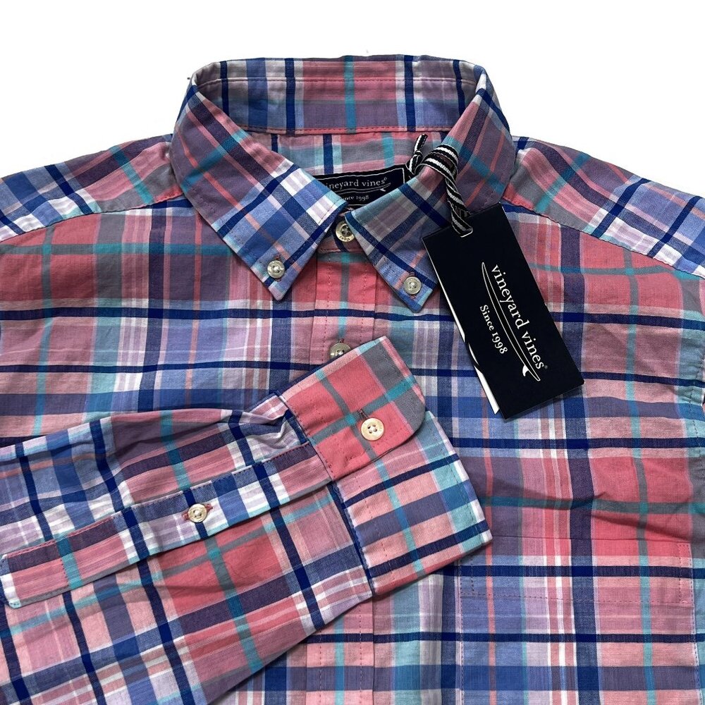 Vineyard Vines Classic Slub Madras Button Down Shirt Men Small Pink Purple Plaid